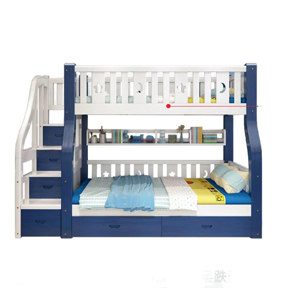 LUXORA 120/135/150/180cm Solid Wood Frame Bunk Bed Ladder Cabinet - Blue