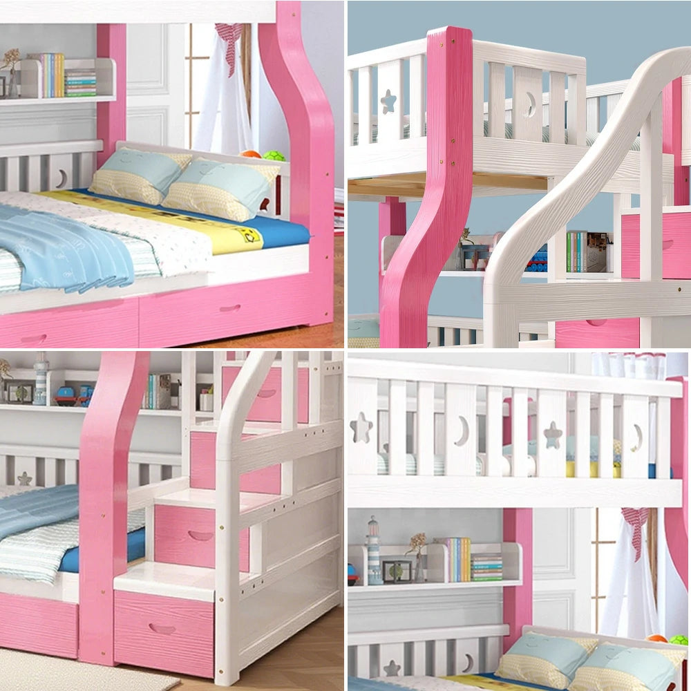 LUXORA 120/135/150/180cm Solid Wood Frame Bunk Bed Ladder Cabinet - Pink