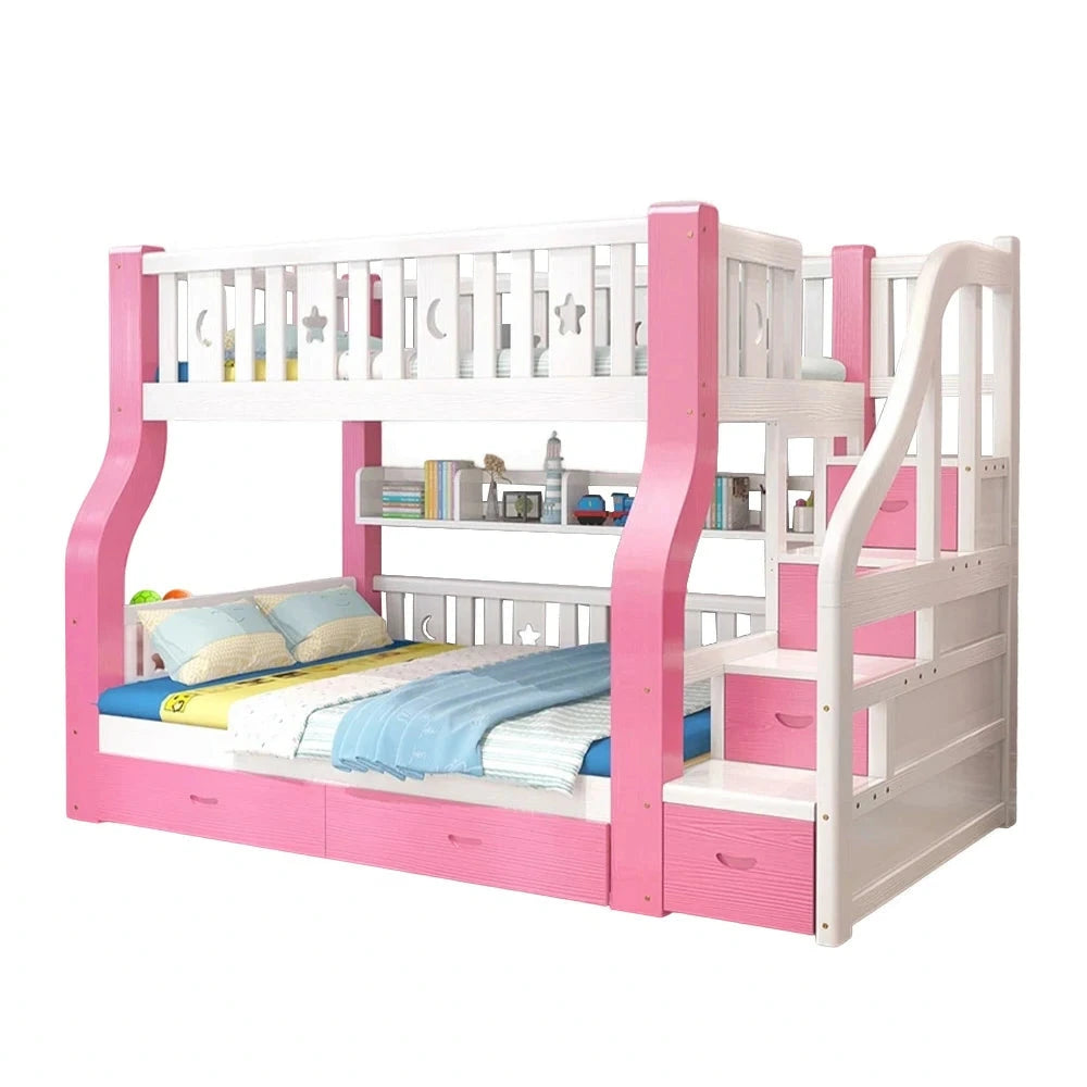 LUXORA 120/135/150/180cm Solid Wood Frame Bunk Bed Ladder Cabinet - Pink