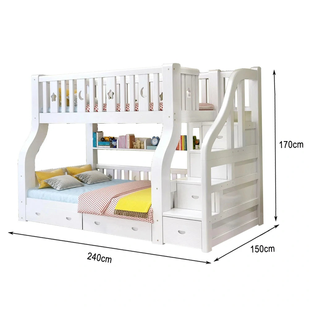 LUXORA 120/135/150/180cm Solid Wood Frame Bunk Bed Ladder Cabinet - White