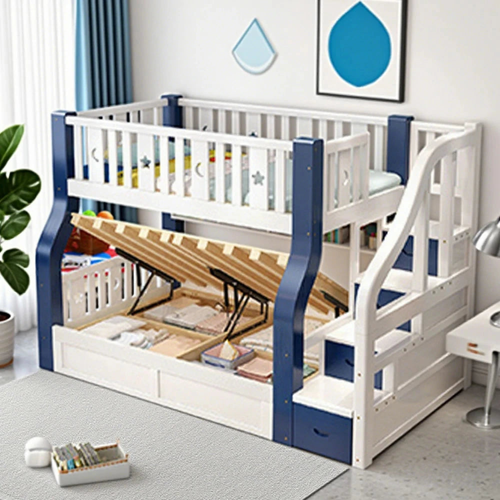 LUXORA 120/135/150/180cm Solid Wood Frame Bunk Bed Storage Ladder Cabinet - Blue