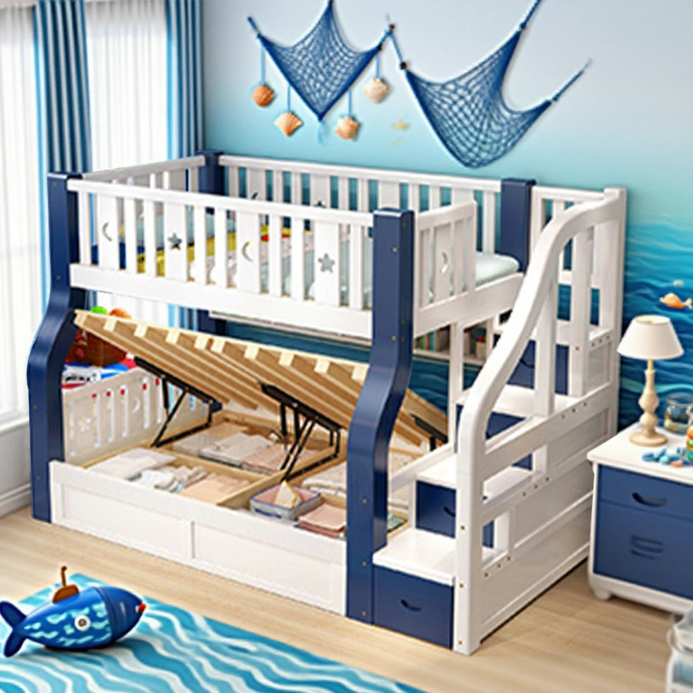 LUXORA 120/135/150/180cm Solid Wood Frame Bunk Bed Storage Ladder Cabinet - Blue