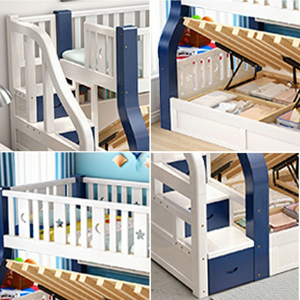 LUXORA 120/135/150/180cm Solid Wood Frame Bunk Bed Storage Ladder Cabinet - Blue