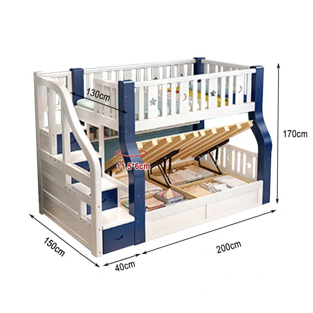 LUXORA 120/135/150/180cm Solid Wood Frame Bunk Bed Storage Ladder Cabinet - Blue