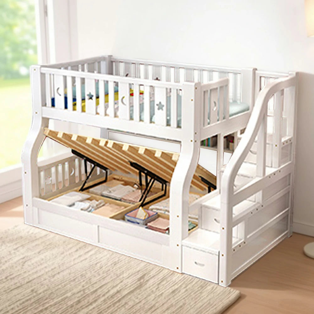 LUXORA 120/135/150/180cm Solid Wood Frame Bunk Bed Storage Ladder Cabinet - White