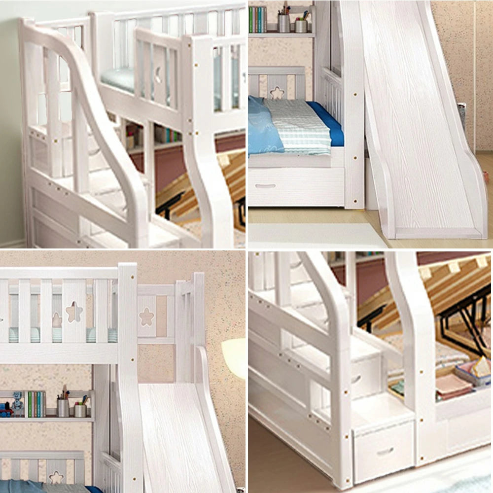 LUXORA 120/135/150/180cm Solid Wood Frame Bunk Bed Storage Ladder Cabinet - White