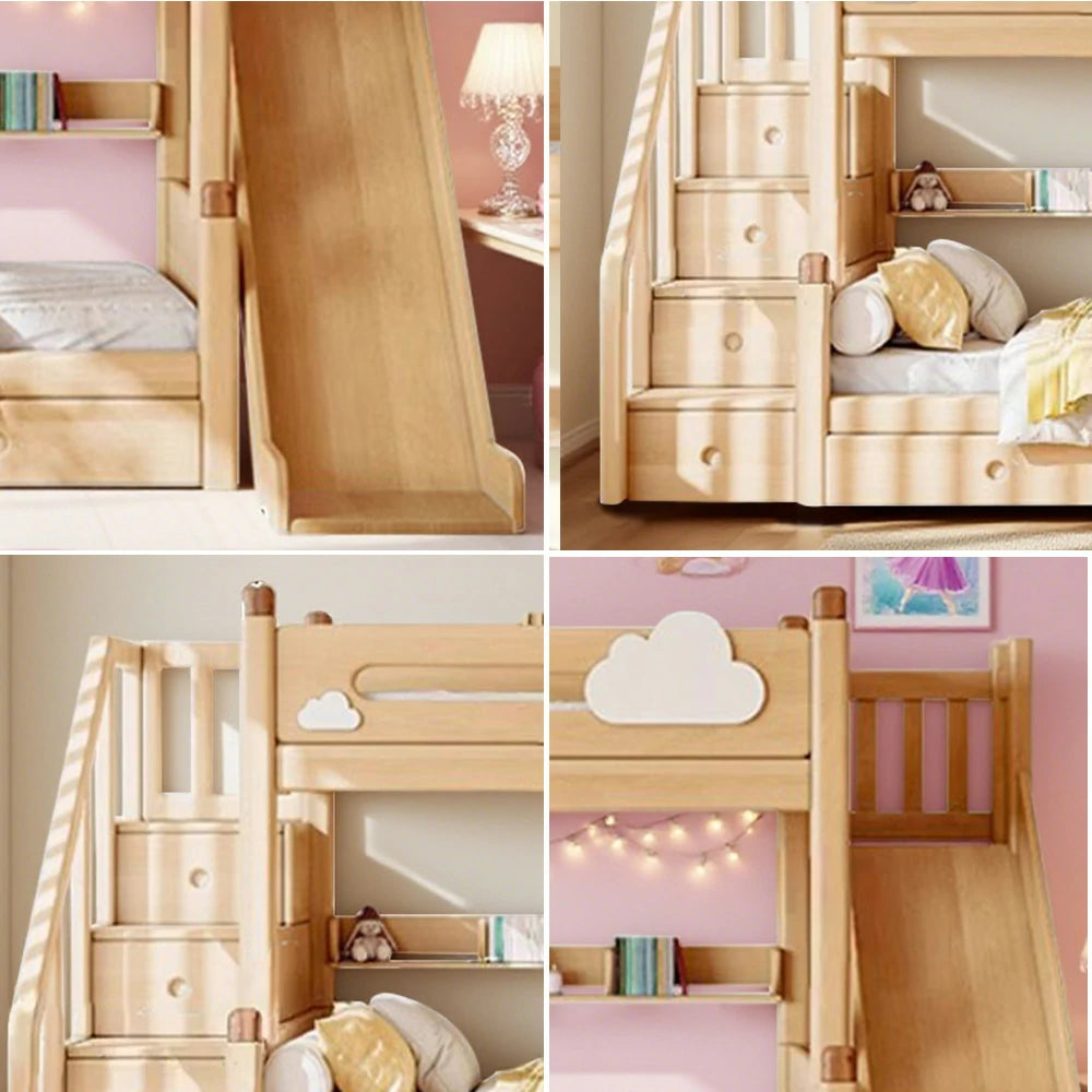 LUXORA 120/135/150/180cm Solid Wood Frame Bunk Bed Ladder Cabinet/Slide