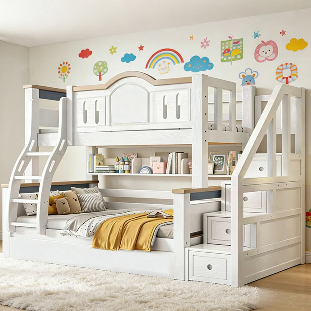 LUXORA 120/135/150/160/180cm Solid Wood Frame Bunk Bed with Two Mattresses Double Ladders, Installation Included