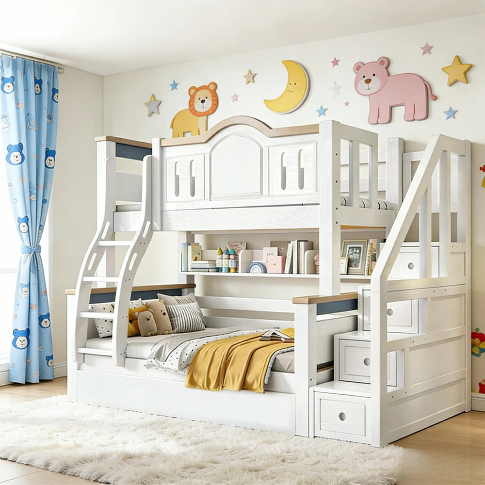 LUXORA 120/135/150/160/180cm Solid Wood Frame Bunk Bed with Two Mattresses Double Ladders, Installation Included
