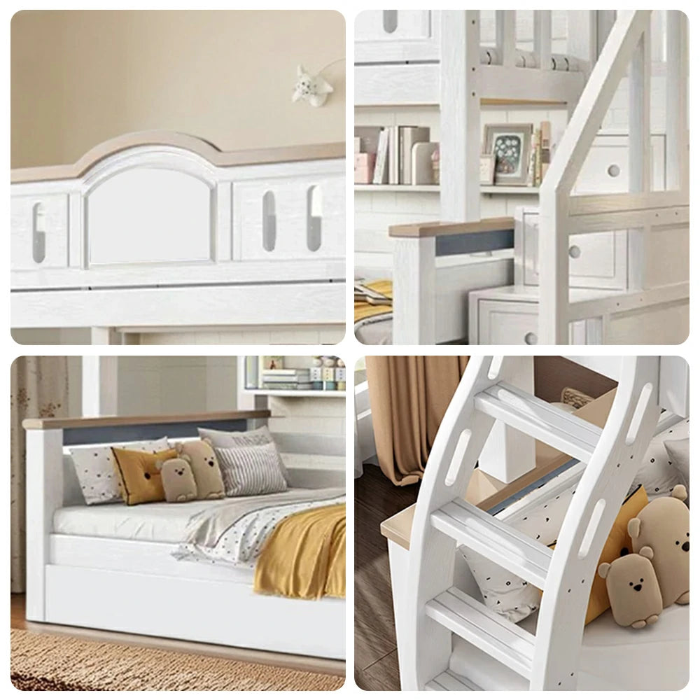 LUXORA 120/135/150/160/180cm Solid Wood Frame Bunk Bed with Two Mattresses Double Ladders, Installation Included