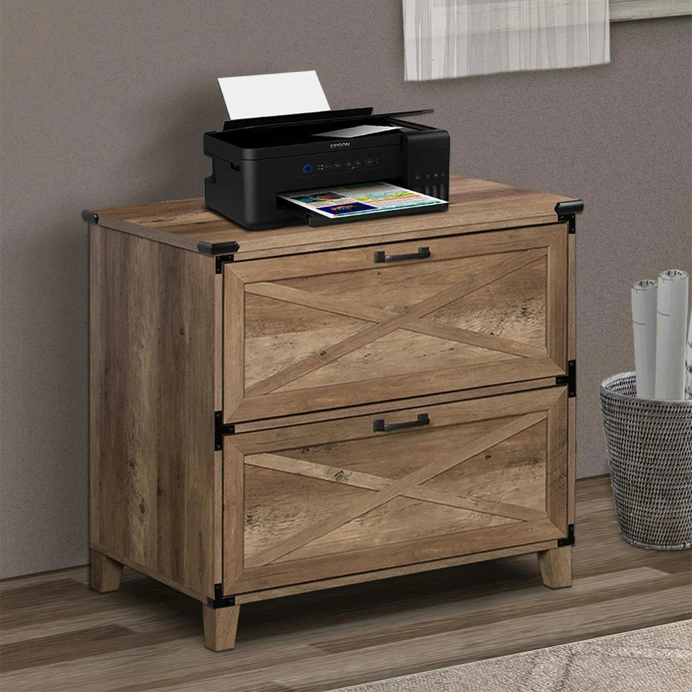 LIVARA 102 Lateral Filing Cabinet, Rustic Oak Finish, 2 Drawers with Hanging Bars, X-Cross Farmhouse Design, Industrial Style Storage for Home Office