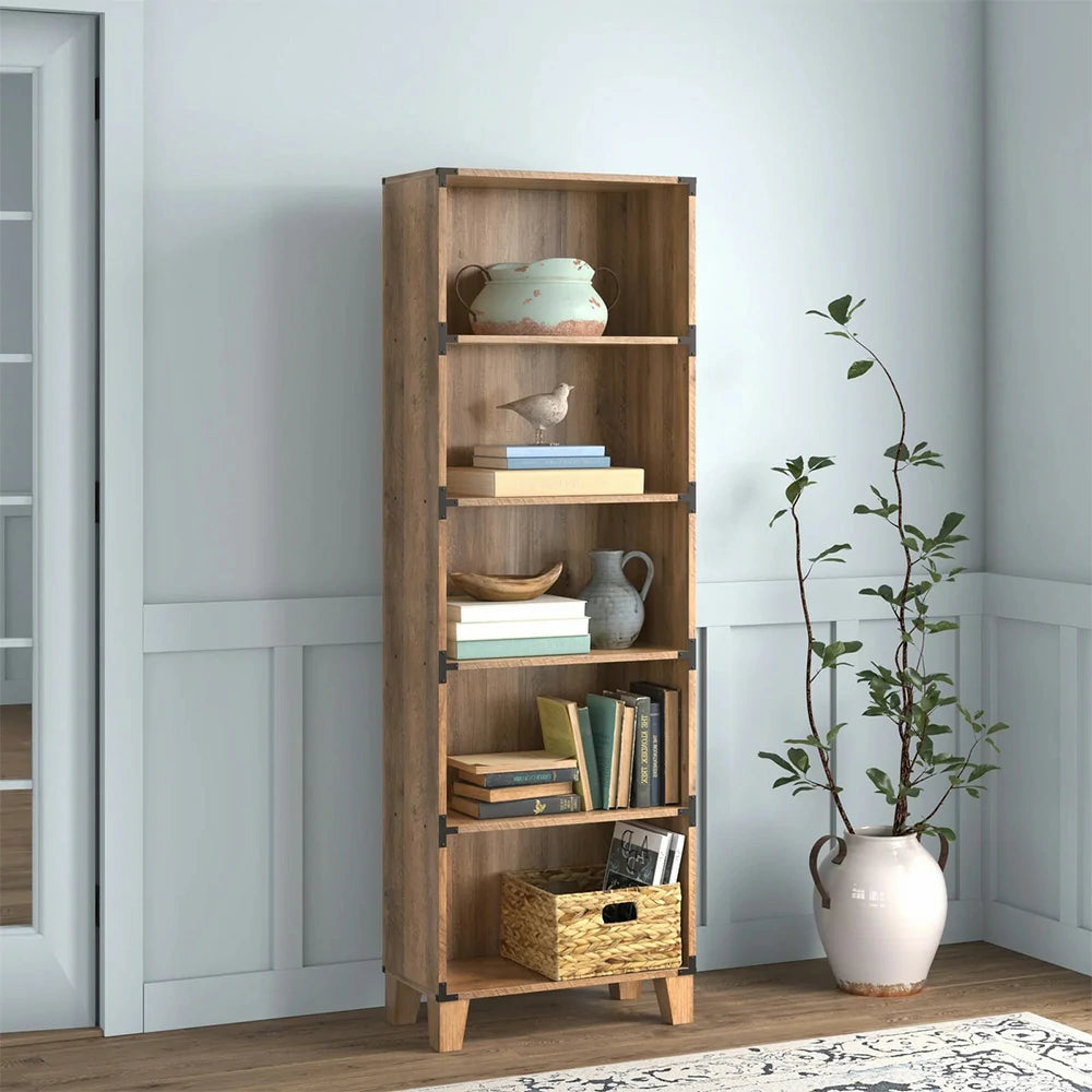 LIVARA 103 5-Tier Bookcase, Rustic Oak Finish, 180cm Tall, Farmhouse Industrial Style, MDF and Laminate Wood Shelf, Metal Corner Accents, Home Office Storage