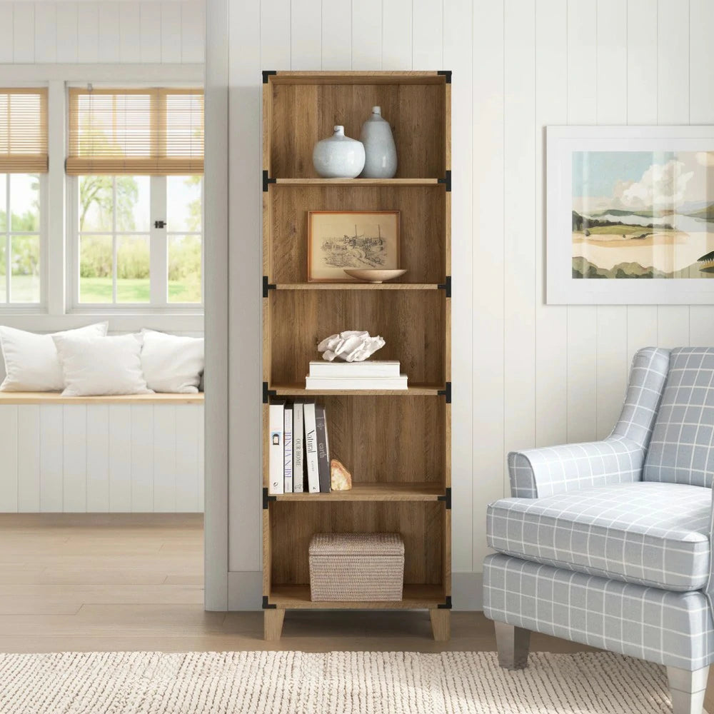 LIVARA 103 5-Tier Bookcase, Rustic Oak Finish, 180cm Tall, Farmhouse Industrial Style, MDF and Laminate Wood Shelf, Metal Corner Accents, Home Office Storage