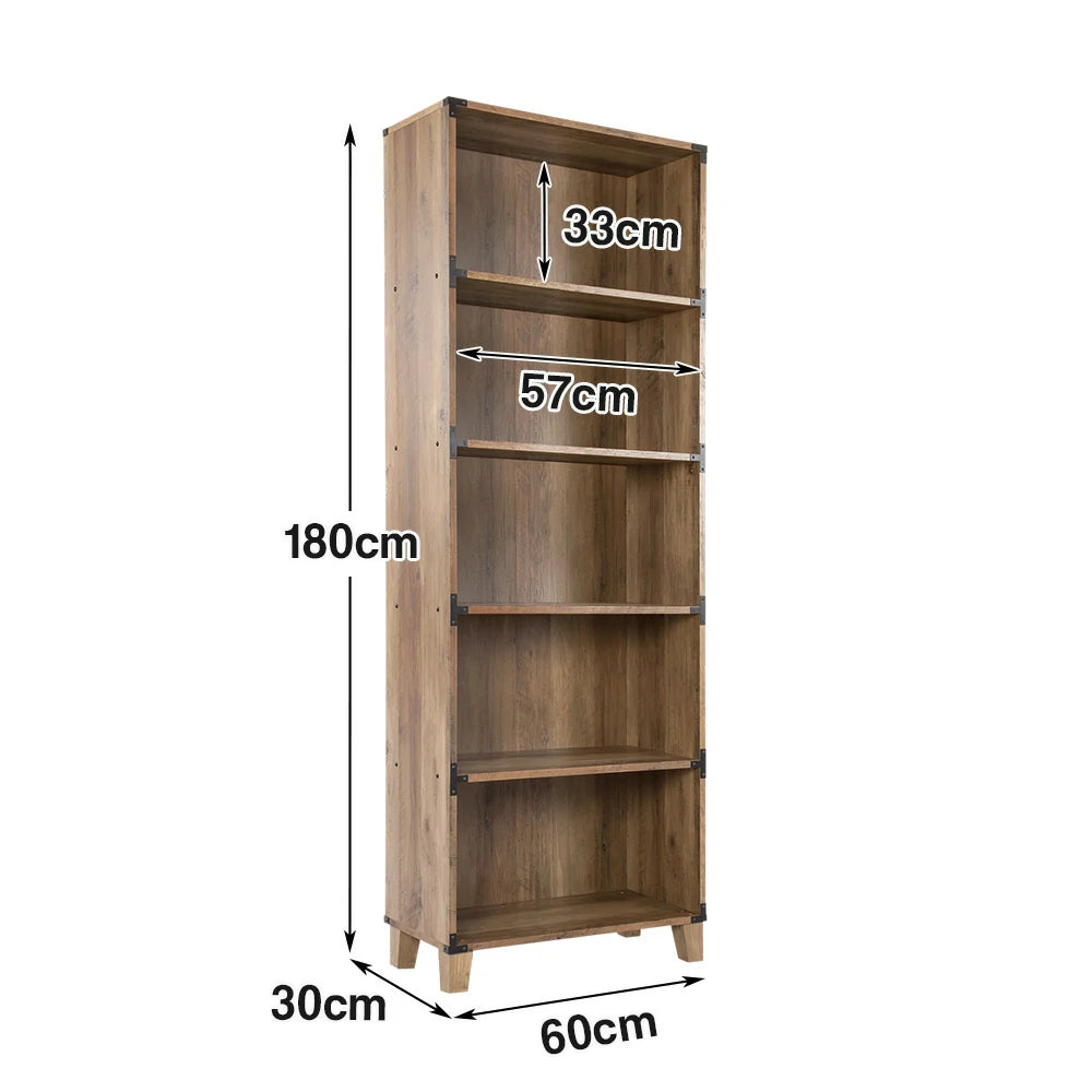 LIVARA 103 5-Tier Bookcase, Rustic Oak Finish, 180cm Tall, Farmhouse Industrial Style, MDF and Laminate Wood Shelf, Metal Corner Accents, Home Office Storage