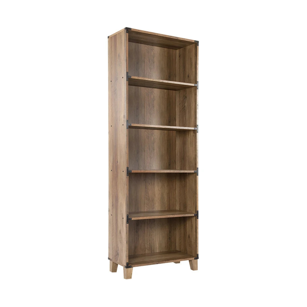 LIVARA 103 5-Tier Bookcase, Rustic Oak Finish, 180cm Tall, Farmhouse Industrial Style, MDF and Laminate Wood Shelf, Metal Corner Accents, Home Office Storage