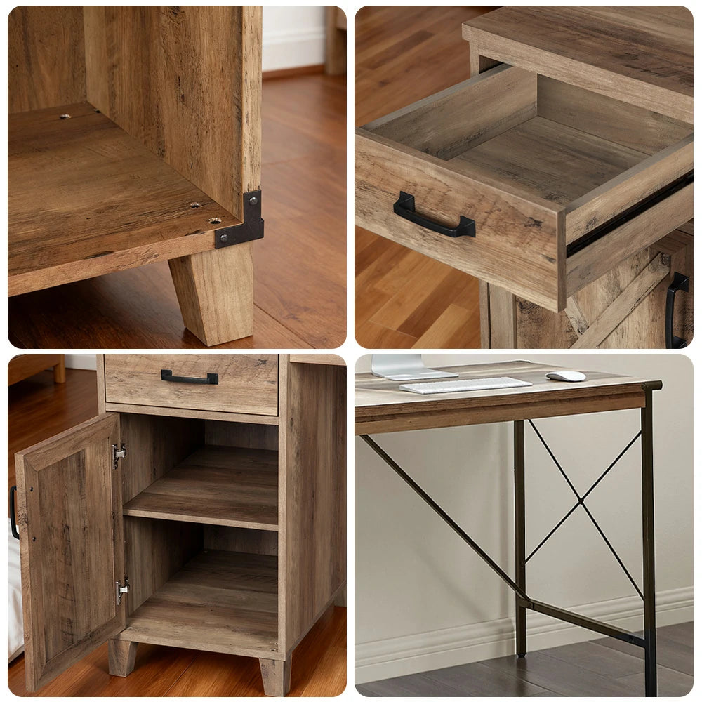 LIVARA 104 Writing Desk, Rustic Oak Finish, Drawer and Cabinet Storage, X-Metal Frame, Farmhouse Industrial Style, Compact Home Office Desk