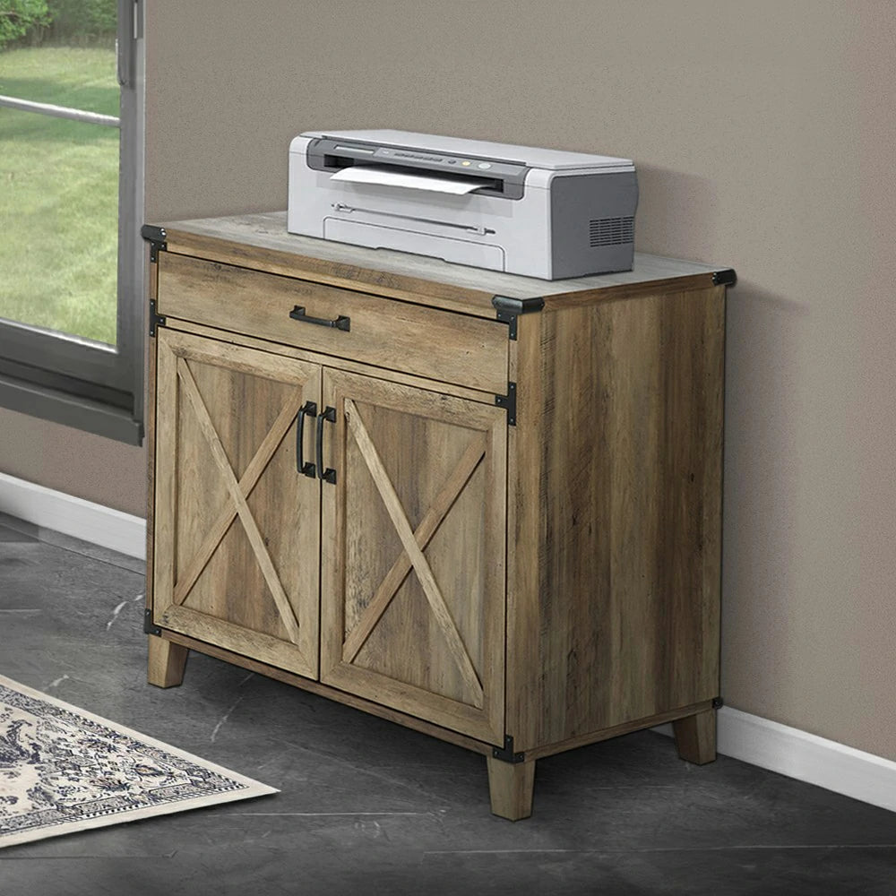 LIVARA 105 Laptop Cabinet Desk, Rustic Oak Finish, Sliding Shelf with Drawer and Storage Doors, X-Cross Design, Farmhouse Industrial Style, Home Office Furniture