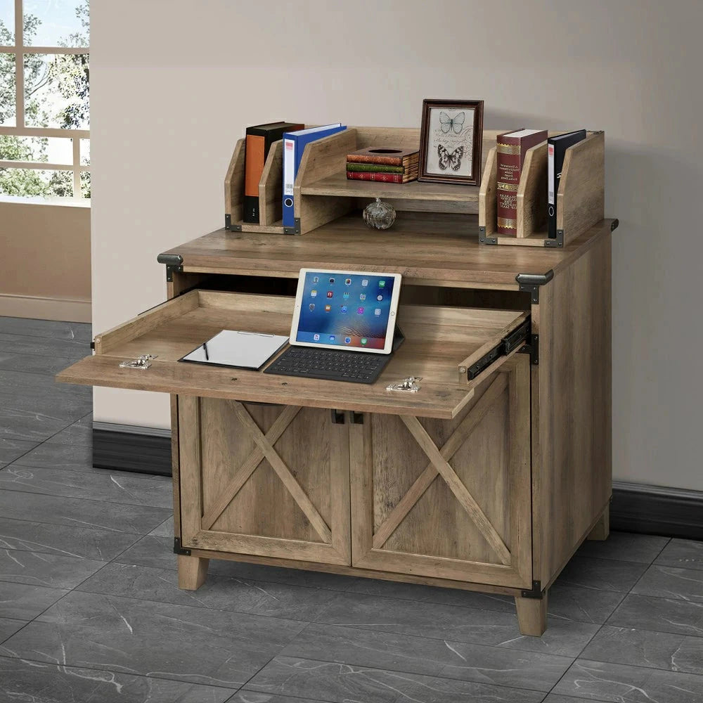 LIVARA 105 Laptop Cabinet Desk, Rustic Oak Finish, Sliding Shelf with Drawer and Storage Doors, X-Cross Design, Farmhouse Industrial Style, Home Office Furniture