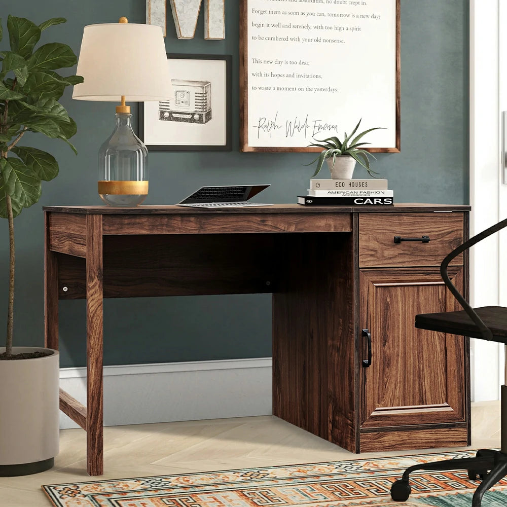 LIVARA 107 Reversible Writing Desk, Drawer and Cabinet Storage, Detachable Design, Coastal Farmhouse Style, Home Office Furniture - Brown