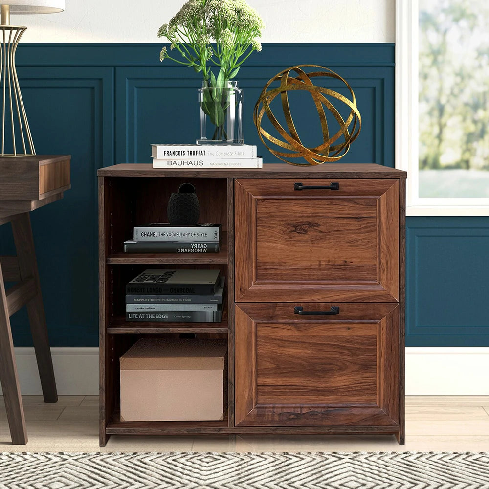 LIVARA 109 Modern Lateral Filing Cabinet, Two Drawers with Hanging Bars, Open Shelves for Storage, Brass Handles, MDF Structure, Home Office Organizer - Walnut