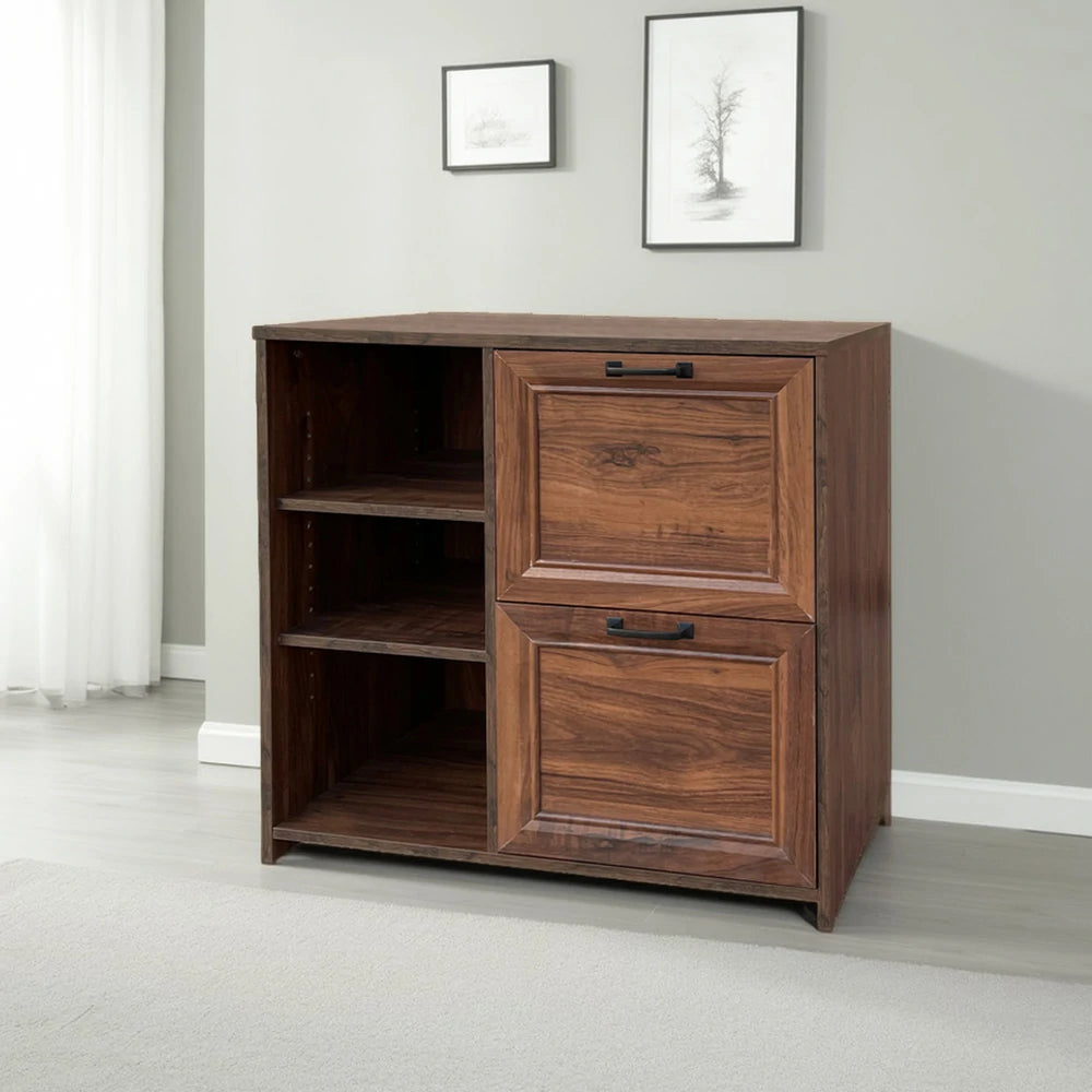 LIVARA 109 Modern Lateral Filing Cabinet, Two Drawers with Hanging Bars, Open Shelves for Storage, Brass Handles, MDF Structure, Home Office Organizer - Walnut