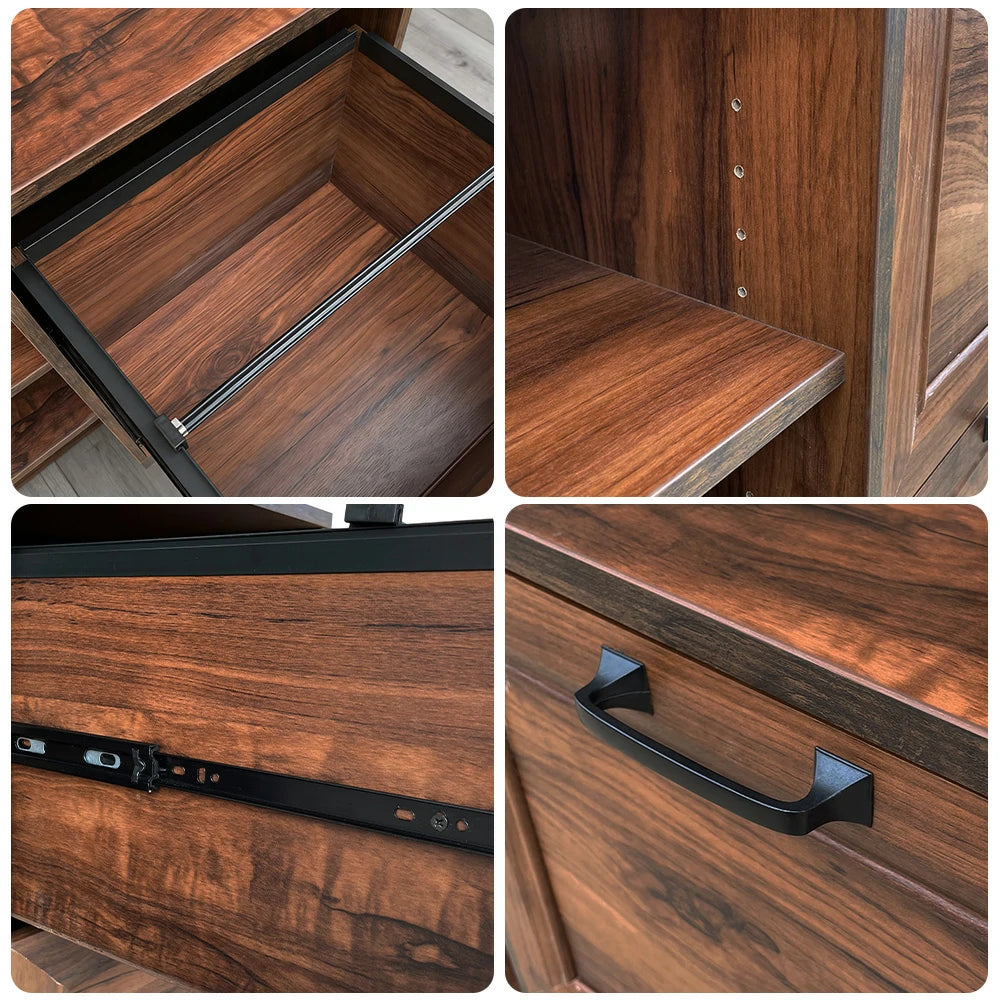 LIVARA 109 Modern Lateral Filing Cabinet, Two Drawers with Hanging Bars, Open Shelves for Storage, Brass Handles, MDF Structure, Home Office Organizer - Walnut