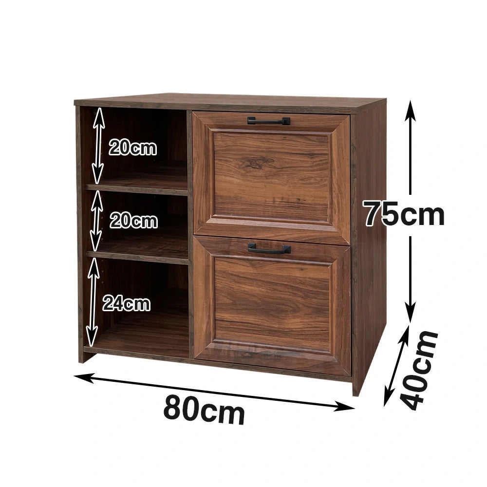 LIVARA 109 Modern Lateral Filing Cabinet, Two Drawers with Hanging Bars, Open Shelves for Storage, Brass Handles, MDF Structure, Home Office Organizer - Walnut