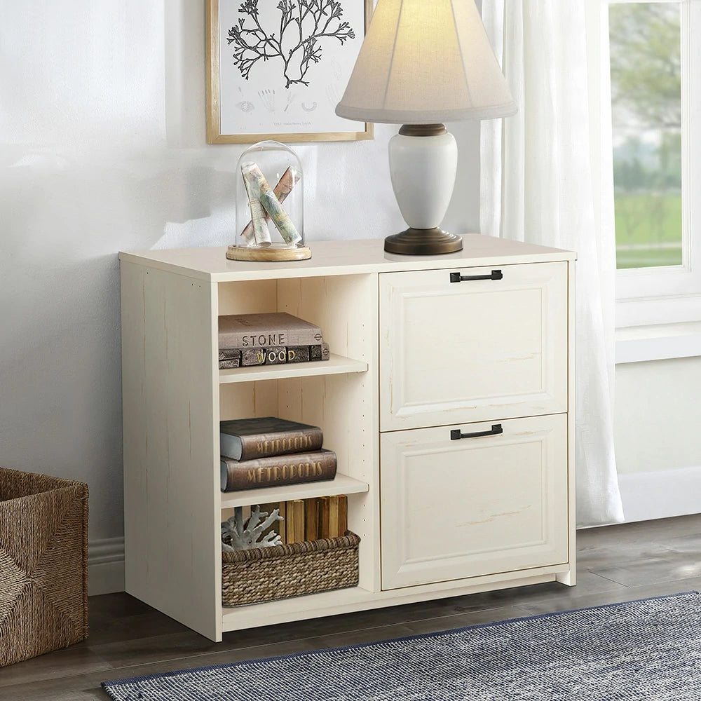 LIVARA 110 Modern Lateral Filing Cabinet, Two Drawers with Hanging Bars, Open Shelves for Storage, Brass Handles, MDF Structure, Home Office Organizer - Beige