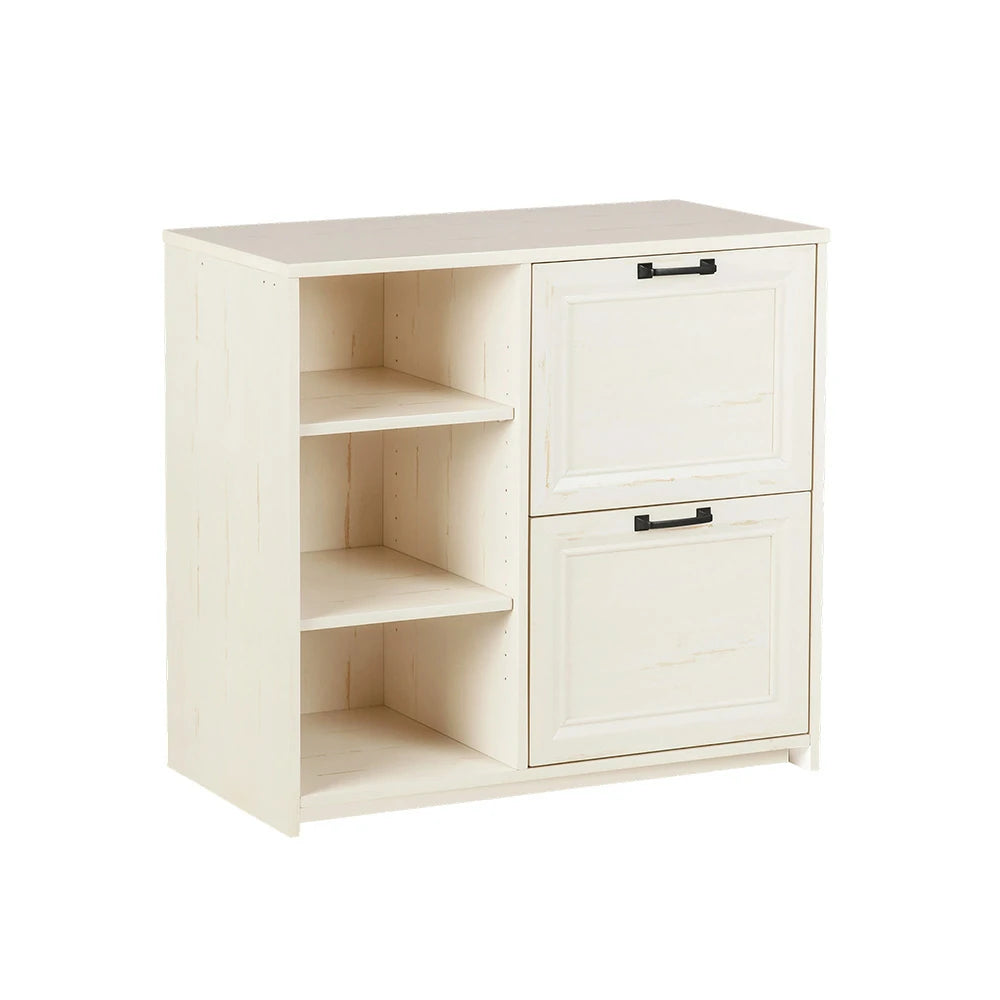 LIVARA 110 Modern Lateral Filing Cabinet, Two Drawers with Hanging Bars, Open Shelves for Storage, Brass Handles, MDF Structure, Home Office Organizer - Beige