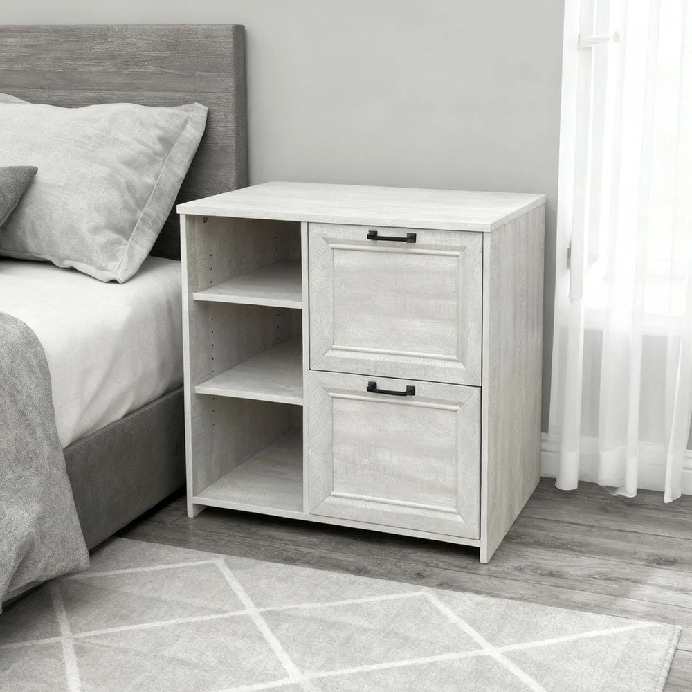 LIVARA 111 Modern Lateral Filing Cabinet, Two Drawers with Hanging Bars, Open Shelves for Storage, Brass Handles, MDF Structure, Home Office Organizer - Grey