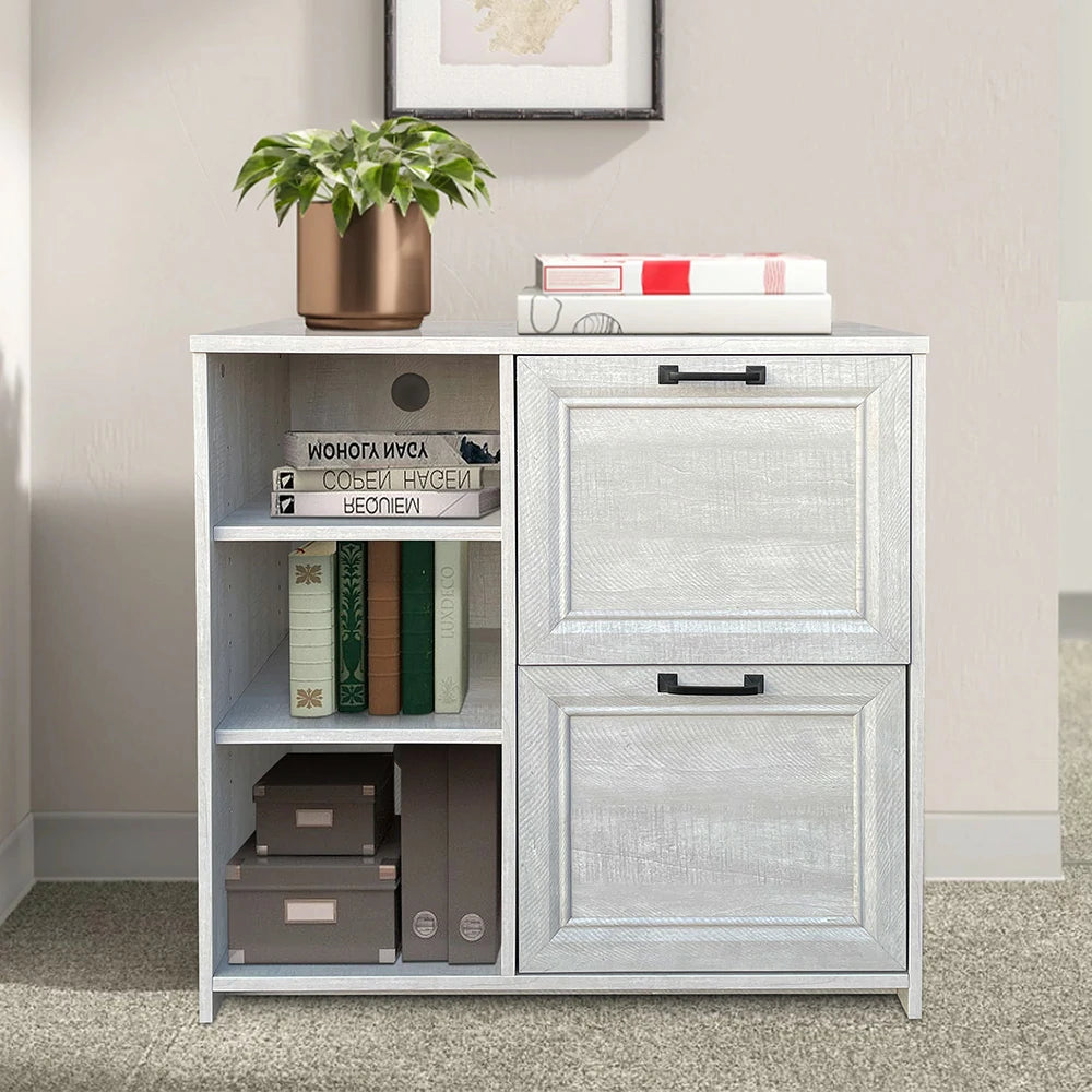 LIVARA 111 Modern Lateral Filing Cabinet, Two Drawers with Hanging Bars, Open Shelves for Storage, Brass Handles, MDF Structure, Home Office Organizer - Grey