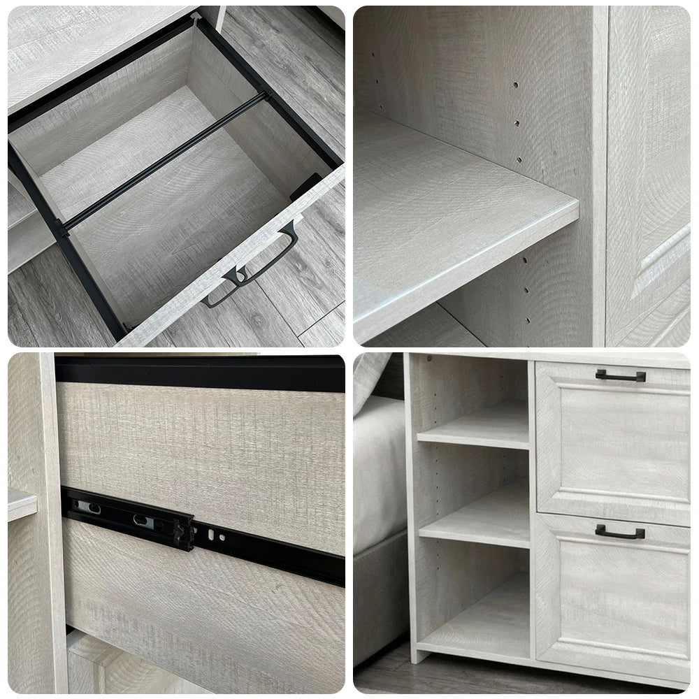 LIVARA 111 Modern Lateral Filing Cabinet, Two Drawers with Hanging Bars, Open Shelves for Storage, Brass Handles, MDF Structure, Home Office Organizer - Grey