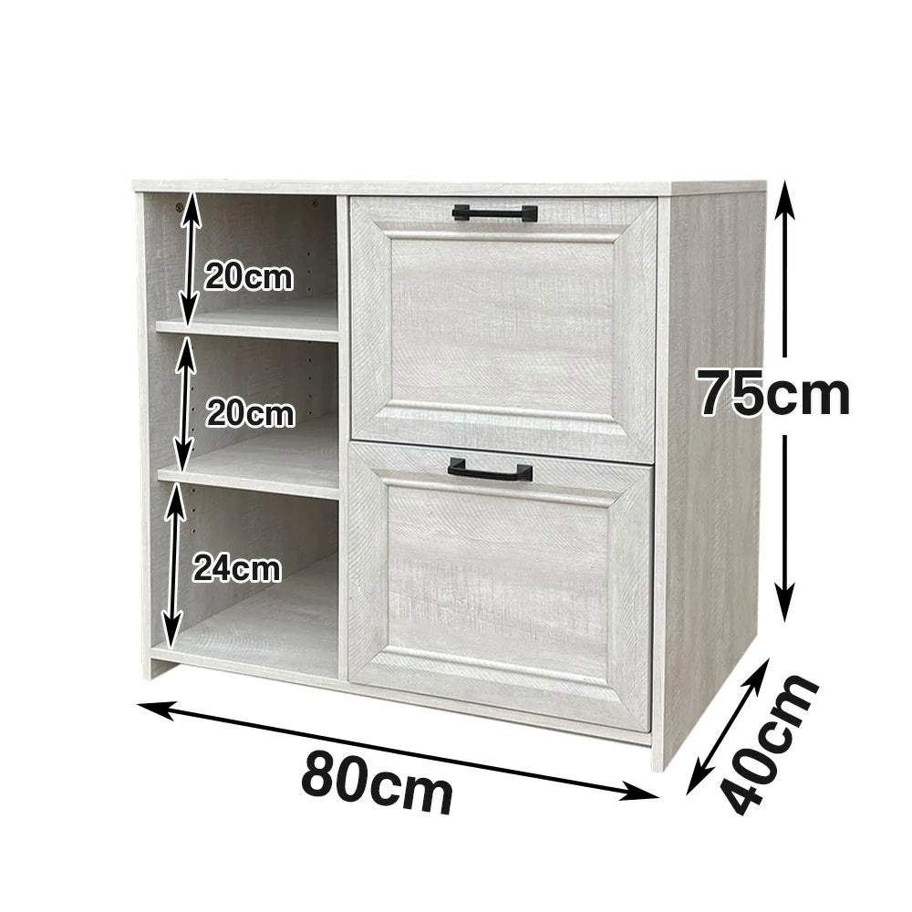 LIVARA 111 Modern Lateral Filing Cabinet, Two Drawers with Hanging Bars, Open Shelves for Storage, Brass Handles, MDF Structure, Home Office Organizer - Grey