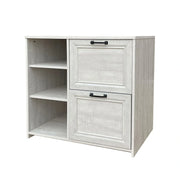 LIVARA 111 Modern Lateral Filing Cabinet, Two Drawers with Hanging Bars, Open Shelves for Storage, Brass Handles, MDF Structure, Home Office Organizer - Grey