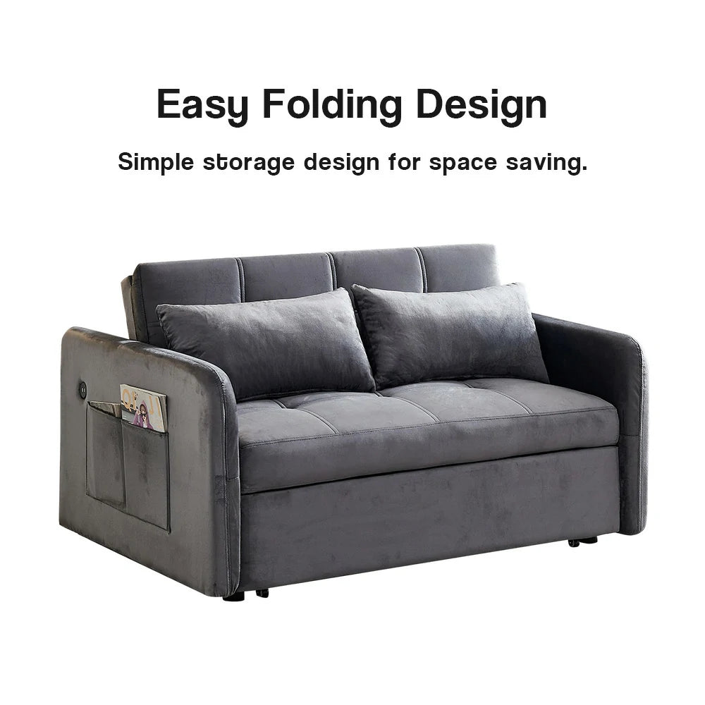 LIVARA 117 Convertible Velvet Sofa Bed, Adjustable Backrest, Built-in USB Charging Port, Twin Size Sleeper, Modern Small-Space Design - Grey