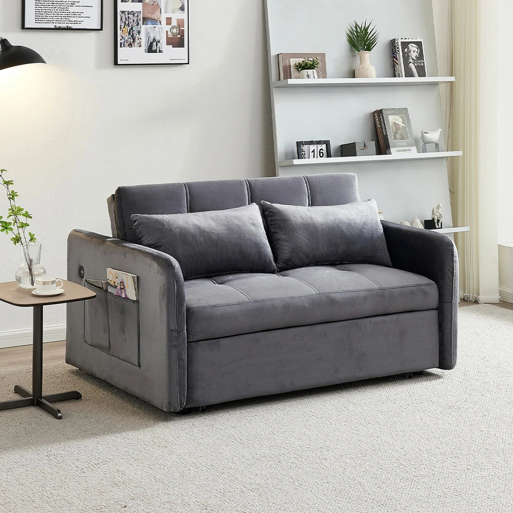 LIVARA 117 Convertible Velvet Sofa Bed, Adjustable Backrest, Built-in USB Charging Port, Twin Size Sleeper, Modern Small-Space Design - Grey