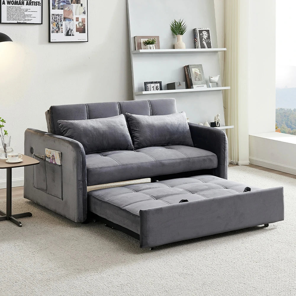LIVARA 117 Convertible Velvet Sofa Bed, Adjustable Backrest, Built-in USB Charging Port, Twin Size Sleeper, Modern Small-Space Design - Grey