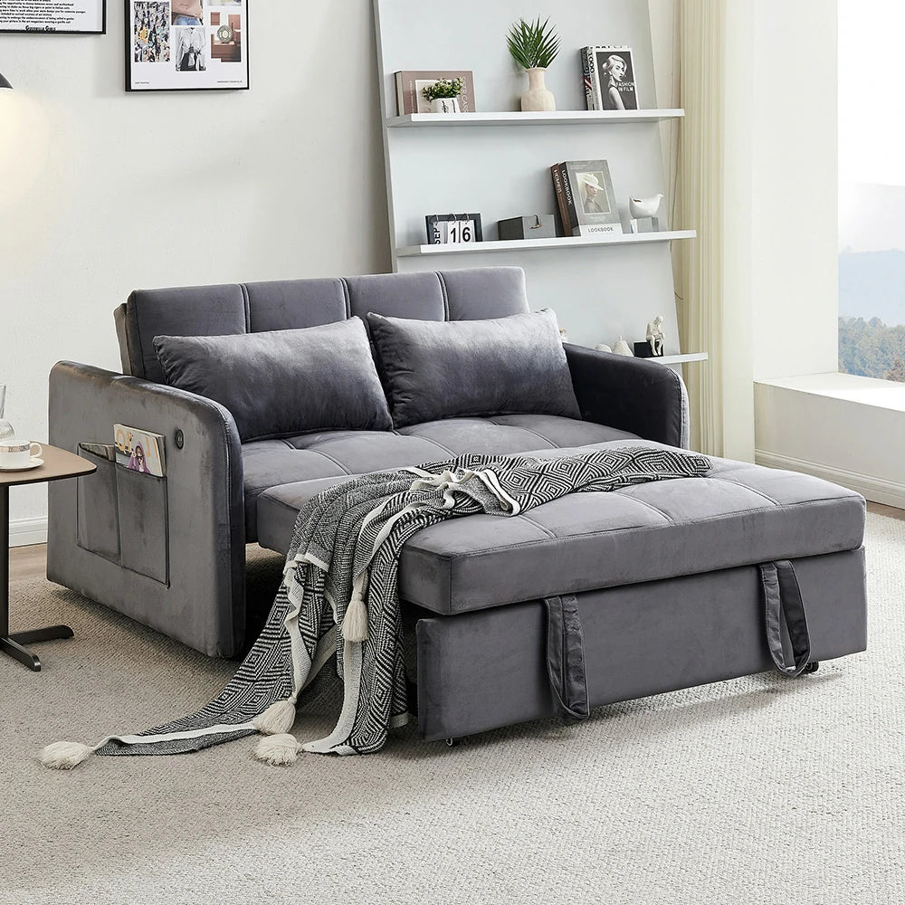 LIVARA 117 Convertible Velvet Sofa Bed, Adjustable Backrest, Built-in USB Charging Port, Twin Size Sleeper, Modern Small-Space Design - Grey