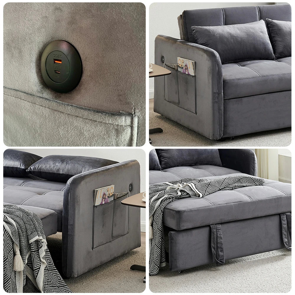 LIVARA 117 Convertible Velvet Sofa Bed, Adjustable Backrest, Built-in USB Charging Port, Twin Size Sleeper, Modern Small-Space Design - Grey