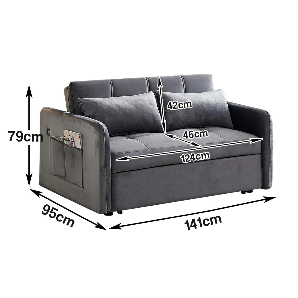 LIVARA 117 Convertible Velvet Sofa Bed, Adjustable Backrest, Built-in USB Charging Port, Twin Size Sleeper, Modern Small-Space Design - Grey