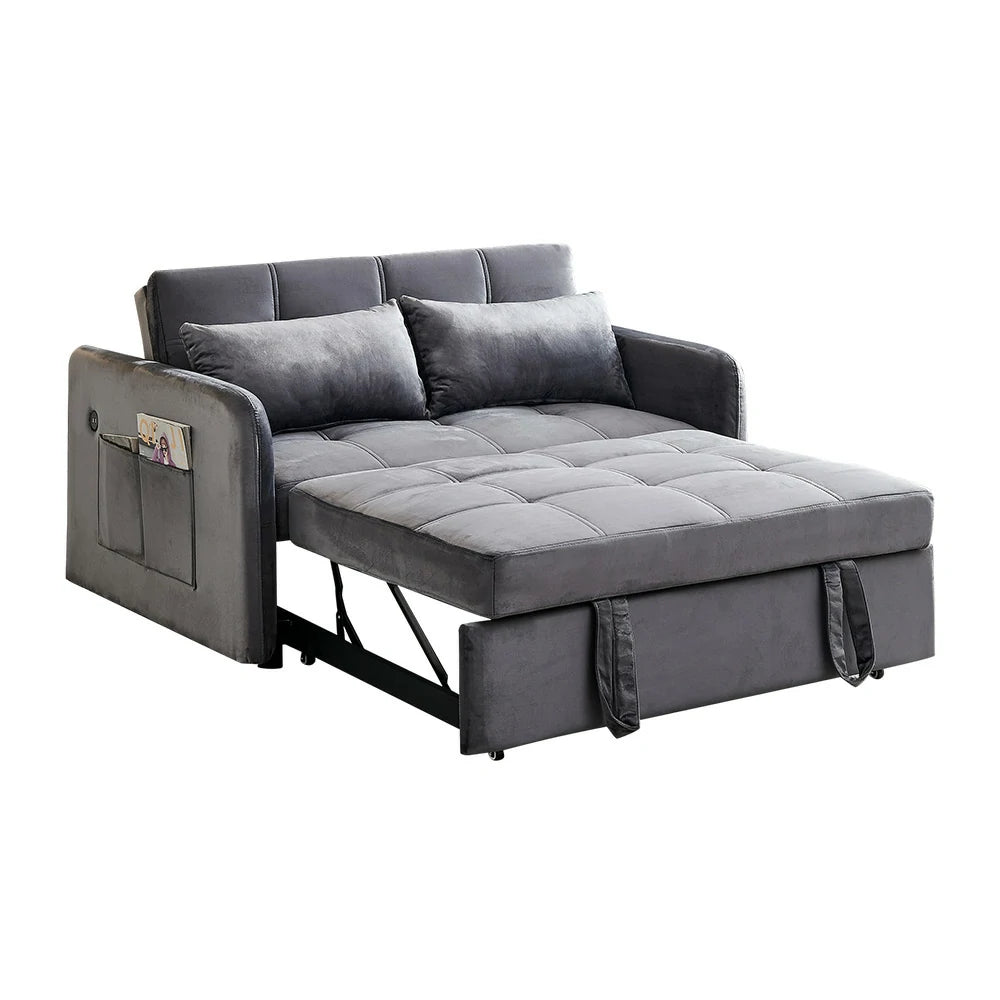 LIVARA 117 Convertible Velvet Sofa Bed, Adjustable Backrest, Built-in USB Charging Port, Twin Size Sleeper, Modern Small-Space Design - Grey