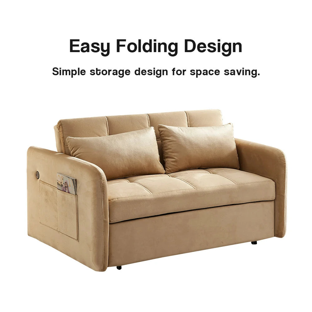 LIVARA 117K Convertible Velvet Sofa Bed, Adjustable Backrest, Built-in USB Charging Port, Twin Size Sleeper, Modern Small-Space Design - Khaki