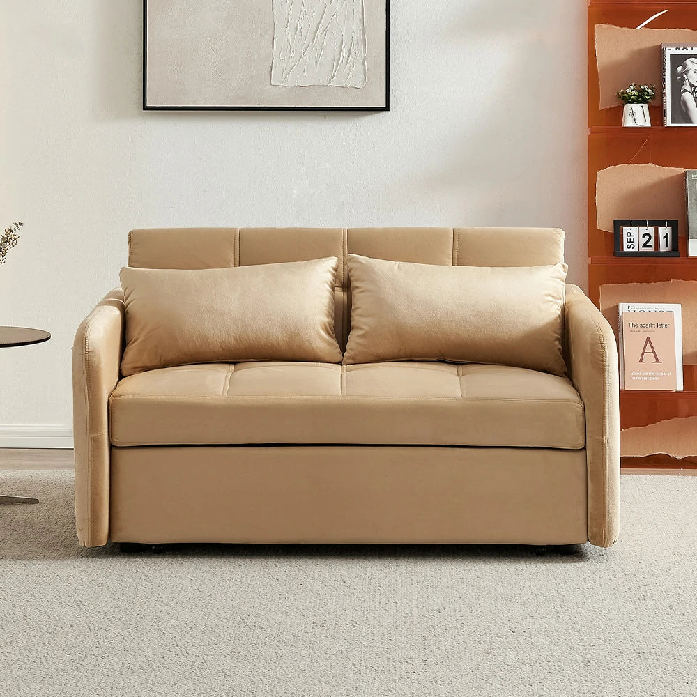 LIVARA 117K Convertible Velvet Sofa Bed, Adjustable Backrest, Built-in USB Charging Port, Twin Size Sleeper, Modern Small-Space Design - Khaki