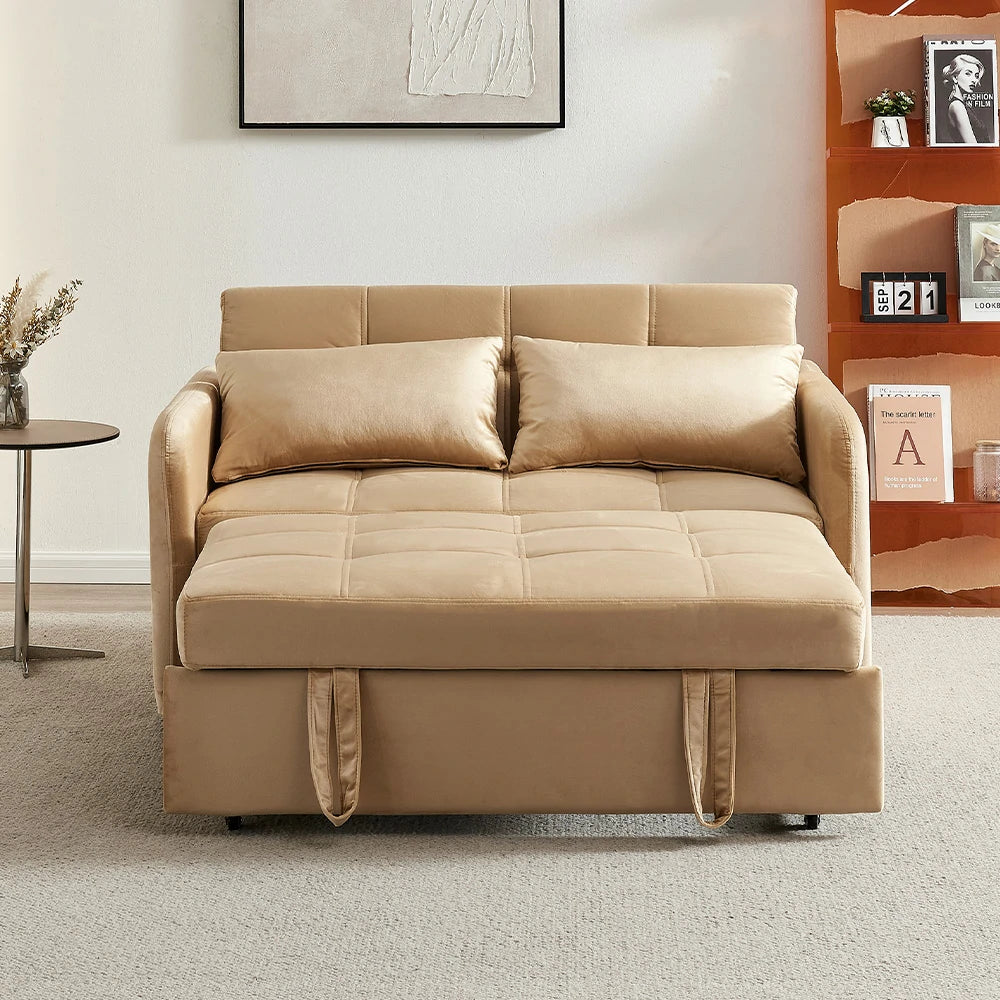 LIVARA 117K Convertible Velvet Sofa Bed, Adjustable Backrest, Built-in USB Charging Port, Twin Size Sleeper, Modern Small-Space Design - Khaki