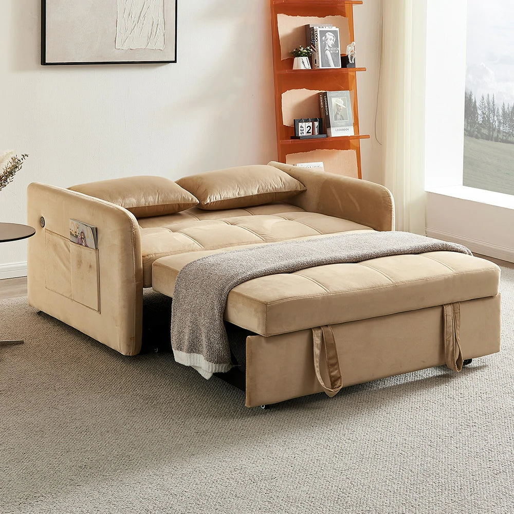 LIVARA 117K Convertible Velvet Sofa Bed, Adjustable Backrest, Built-in USB Charging Port, Twin Size Sleeper, Modern Small-Space Design - Brown