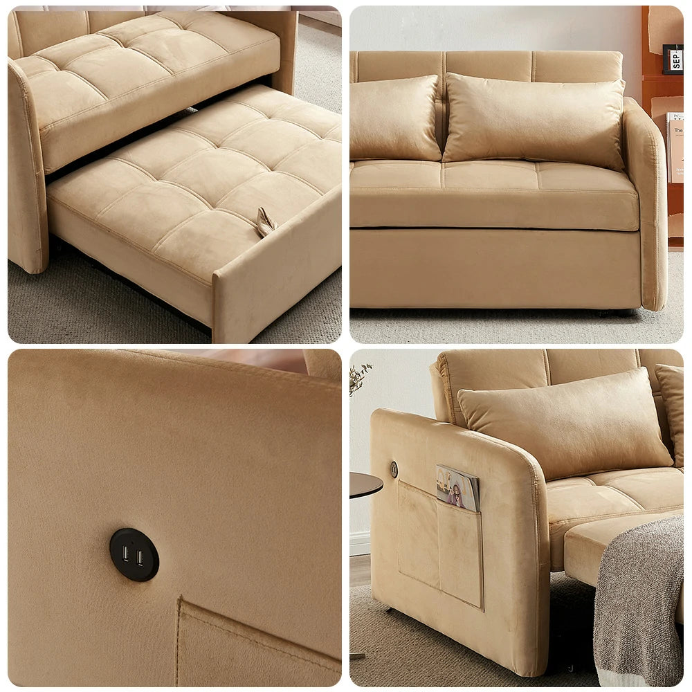 LIVARA 117K Convertible Velvet Sofa Bed, Adjustable Backrest, Built-in USB Charging Port, Twin Size Sleeper, Modern Small-Space Design - Khaki