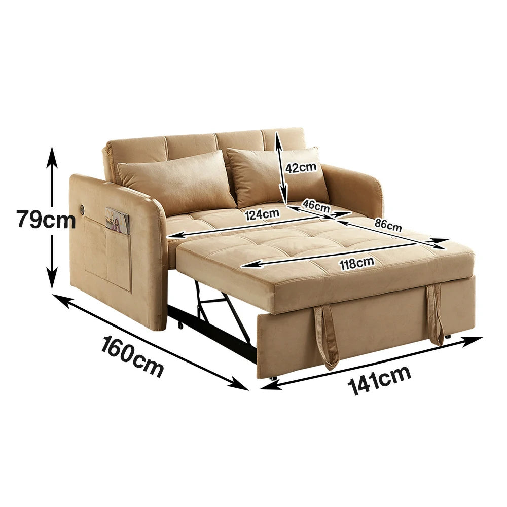 LIVARA 117K Convertible Velvet Sofa Bed, Adjustable Backrest, Built-in USB Charging Port, Twin Size Sleeper, Modern Small-Space Design - Khaki