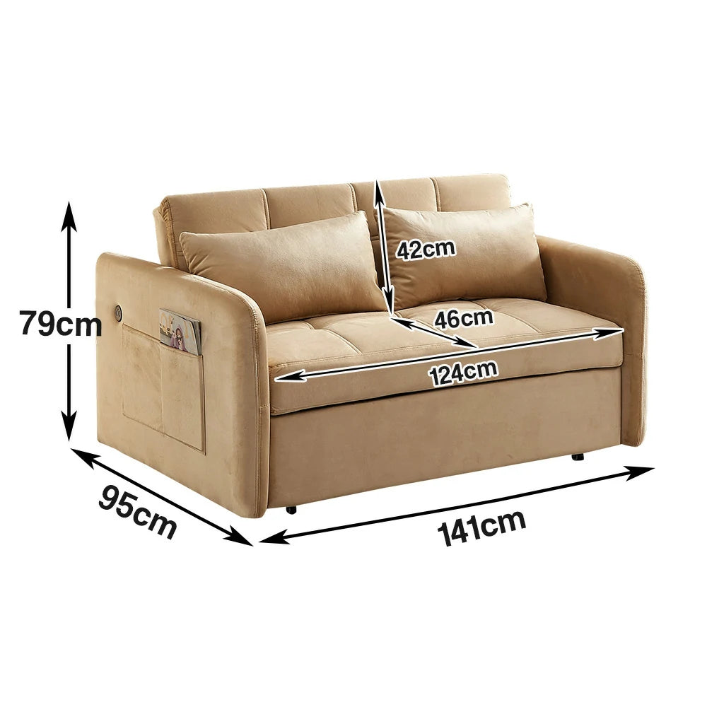 LIVARA 117K Convertible Velvet Sofa Bed, Adjustable Backrest, Built-in USB Charging Port, Twin Size Sleeper, Modern Small-Space Design - Khaki