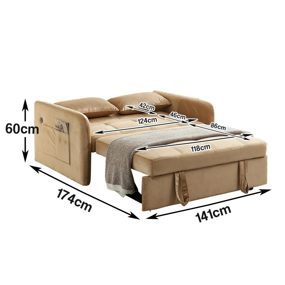 LIVARA 117K Convertible Velvet Sofa Bed, Adjustable Backrest, Built-in USB Charging Port, Twin Size Sleeper, Modern Small-Space Design - Khaki