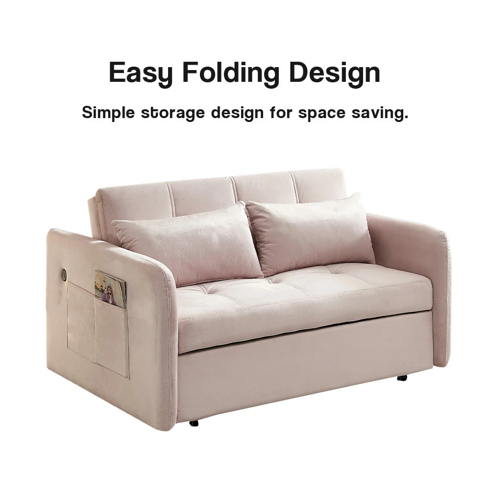 LIVARA 117P Convertible Velvet Sofa Bed, Adjustable Backrest, Built-in USB Charging Port, Twin Size Sleeper, Modern Small-Space Design - Pink